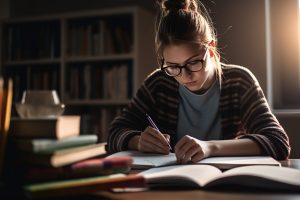 Cute schoolgirl reading book, surrounded by wisdom generated by artificial intelligence